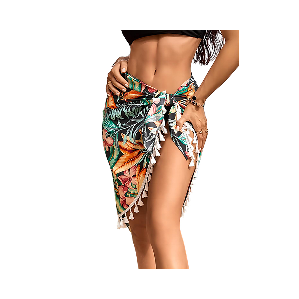 Mousseline de soie style hawaïen imprimé sarong court bikini cache-maillot avec pompon