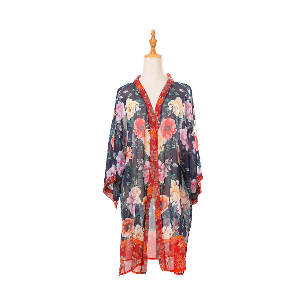 Kimonos pour femmes, couverture de plage d'été, cardigan transparent en mousseline de soie, motif floral, ample, haut décontracté, chemisier