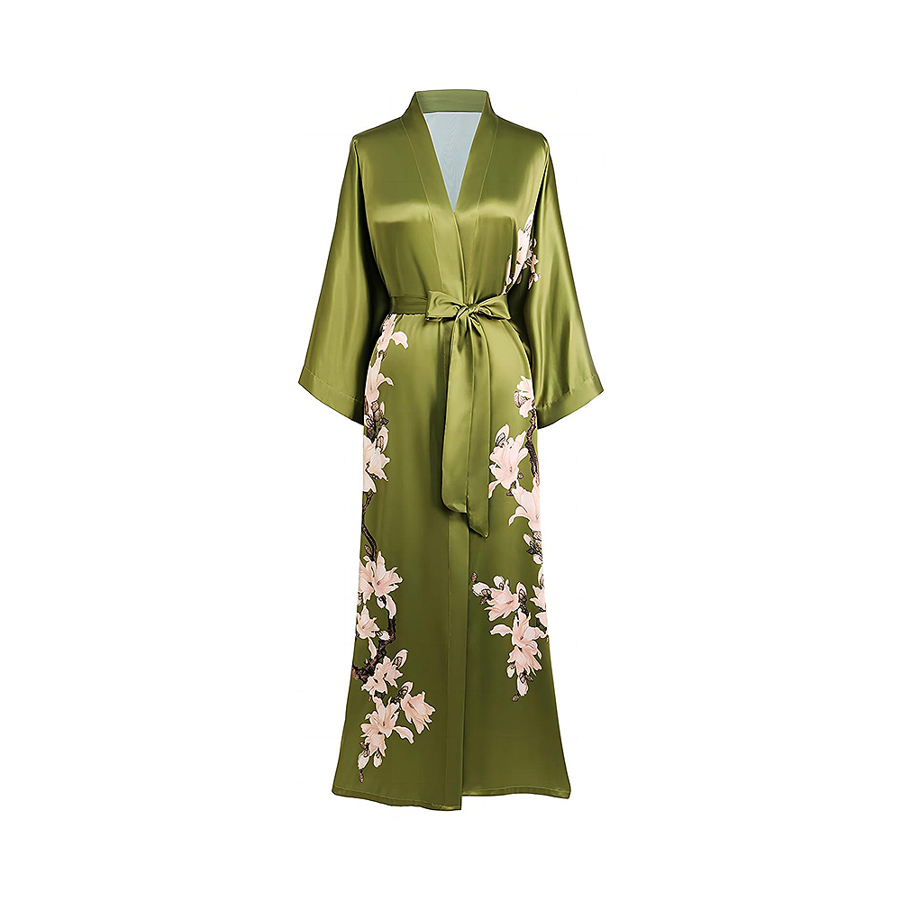 Robe kimono couvrant de longs vêtements de nuit en satin floral, peignoir soyeux, robe d'enterrement de vie de jeune fille