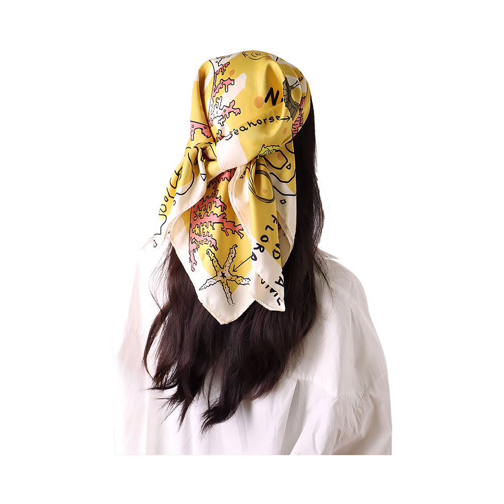 100% Polyester satin soie sentiment écharpe jaune impression carré satin foulard pour les femmes