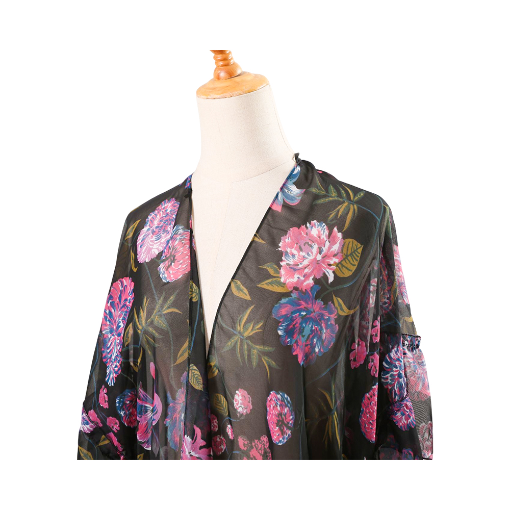 Cardigan kimono en mousseline de soie pour femmes, imprimé floral, manches bouffantes, ample, couverture décontractée, hauts chemisier