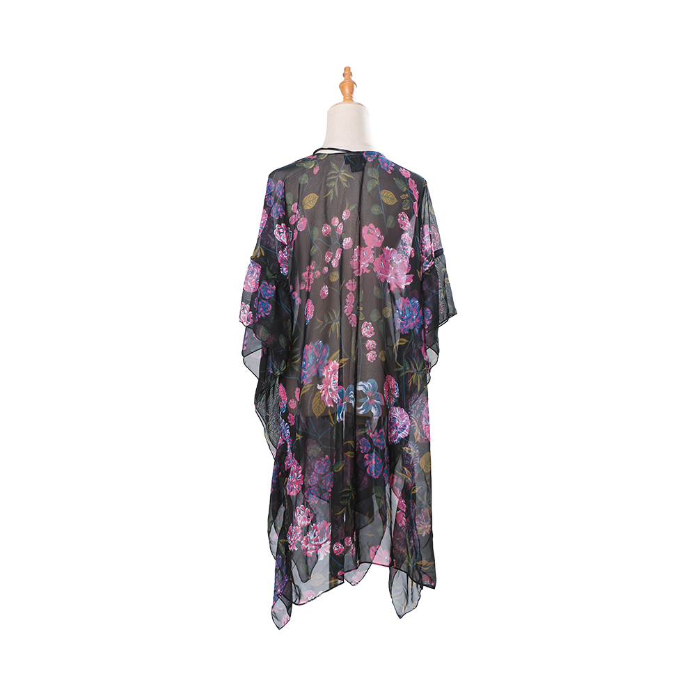 Cardigan kimono en mousseline de soie pour femmes, imprimé floral, manches bouffantes, ample, couverture décontractée, hauts chemisier