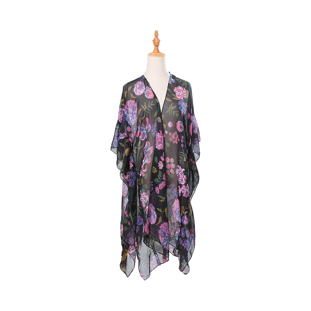 Cardigan kimono en mousseline de soie pour femmes, imprimé floral, manches bouffantes, ample, couverture décontractée, hauts chemisier