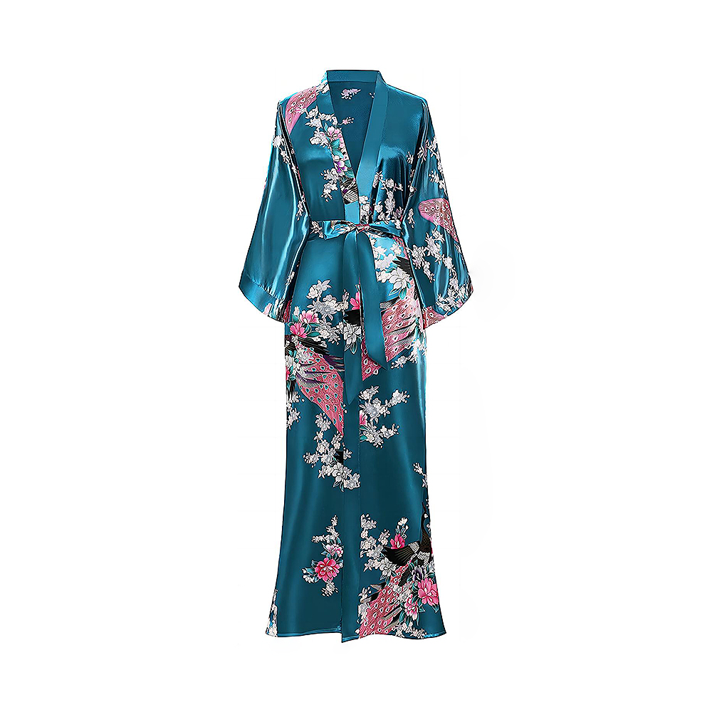 Robe kimono longue pour femmes, avec chemise de nuit kimono imprimée paon et fleurs