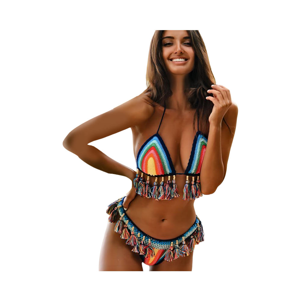 Acrylique coloré main crochet femmes maillots de bain sexy bikini, ensemble plage maillot de bain costume gland bikinis pour les femmes