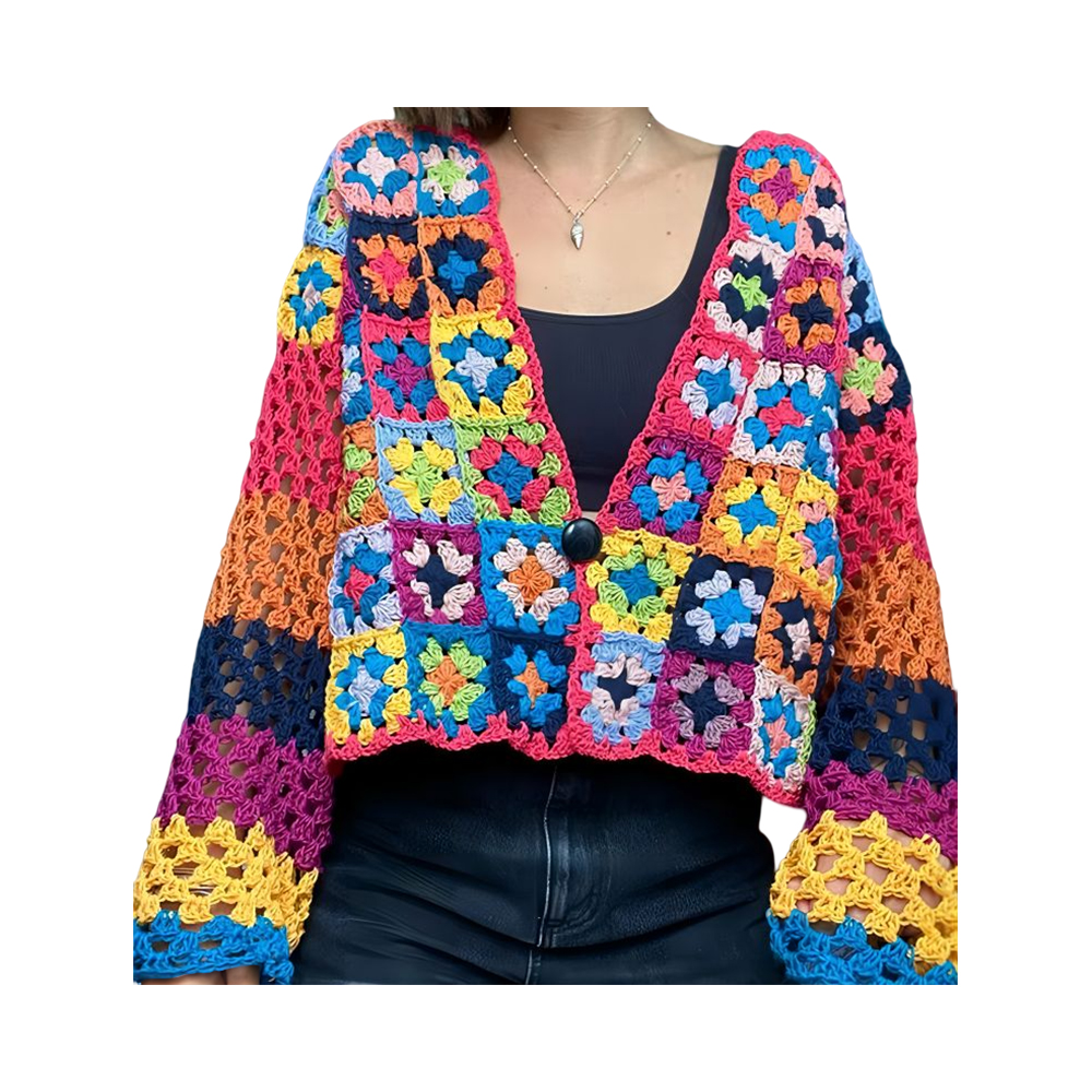 Grand-mère carré cardigan manteau coloré patchwork veste cardigan fait main pull au crochet